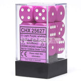 Twelve light purple six-sided dice with white pips are stacked in a clear display case on a black base. The front label reads “CHX 25627” and “12 Light Purple w/white.”