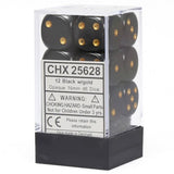 Black six-sided dice with gold pips are stacked in a clear plastic display box with a black base. The front label reads “CHX 25628” and “12 Black w/gold Opaque 16mm d6 Dice.”