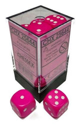 Opaque bright pink six-sided dice with white pips are displayed in a clear square case with a black base; two loose dice sit in front. The pink case labels show “CHX 25644” and “CHESSEX”.
