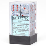 A clear rectangular case with a black base holds pale blue and white speckled six-sided dice with rounded corners and red pips. The front label reads “CHX 25700” and “12 Air™.”