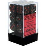 Black six-sided dice with fine white speckles and red pips are stacked inside a clear rectangular display box with a black base. The red label reads “CHX 25708,” “Space,” and “CHESSEX.”
