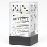 White and light gray speckled six-sided dice with black pips are stacked inside a clear rectangular case with a black base. The label reads “CHX 25711” and “Speckled 16mm 6 Dice.”