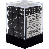 Black six-sided dice with white pips are packed in a clear cube-shaped case with a black base; the front label reads “CHX 25808,” “Black/White” and “CHESSEX.”