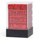 A clear rectangular display box with a black base holds red six-sided dice with black pips, stacked in rows. Its red label reads “CHX 25814” and “36 Red with black Opaque”; “12mm d6 Dice Block” appears below.
