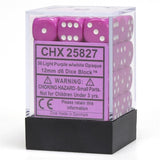 A clear plastic block on a black base holds rows of light-purple six-sided dice with white pips. The front label reads “CHX 25827” and “36 Light Purple w/white Opaque 12mm d6 Dice Block™.”