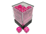 A clear square container with a black base holds many opaque hot-pink six-sided dice with white pips; two matching dice sit in front. The pink label reads “CHX 25844” and “CHESSEX.”
