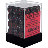 A clear plastic cube with a black base holds rows of black six-sided dice speckled with red and white dots. A red front label reads “CHX 25908,” “Space,” and “CHESSEX.”