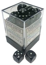 A clear square container filled with black six-sided dice featuring white speckles and pips, with two loose dice displayed in front. The container label reads “CHESSEX.”