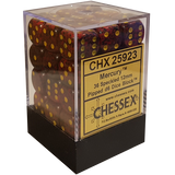 A clear rectangular case on a black base holds brown and burgundy speckled six-sided dice with yellow pips. The gold label reads “CHX 25923,” “Mercury,” “36 Speckled 12mm Pipped d6 Dice Block,” and “CHESSEX.”