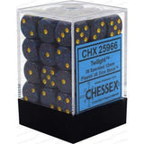 A clear square display box with a black base holds dark blue-gray speckled six-sided dice with yellow pips. The blue label reads “CHX 25966,” “Twilight,” “36 Speckled 12mm,” and “CHESSEX.”
