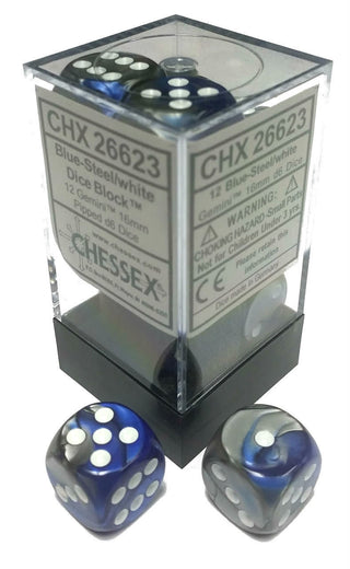 Chessex: Gemini Blue-Steel/White Set of 12 D6 Dice