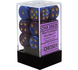 A clear square container holds blue-purple marbled six-sided dice with gold pips, stacked above a black base. The purple label reads “CHX 26628,” “Blue-Purple/Gold Dice Block,” and “CHESSEX.”