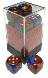 A clear cube with a black base holds red-and-blue marbled six-sided dice with gold pips; two matching dice sit in front. Pink labels with black lettering on the box include “CHX 26620.”