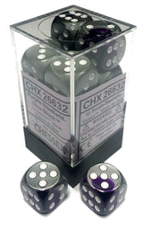A clear square case holds dark purple-steel and gray six-sided dice with white pips, with two matching dice displayed in front. The label reads “CHX 26632” and “12 Purple-Steel/wht.”