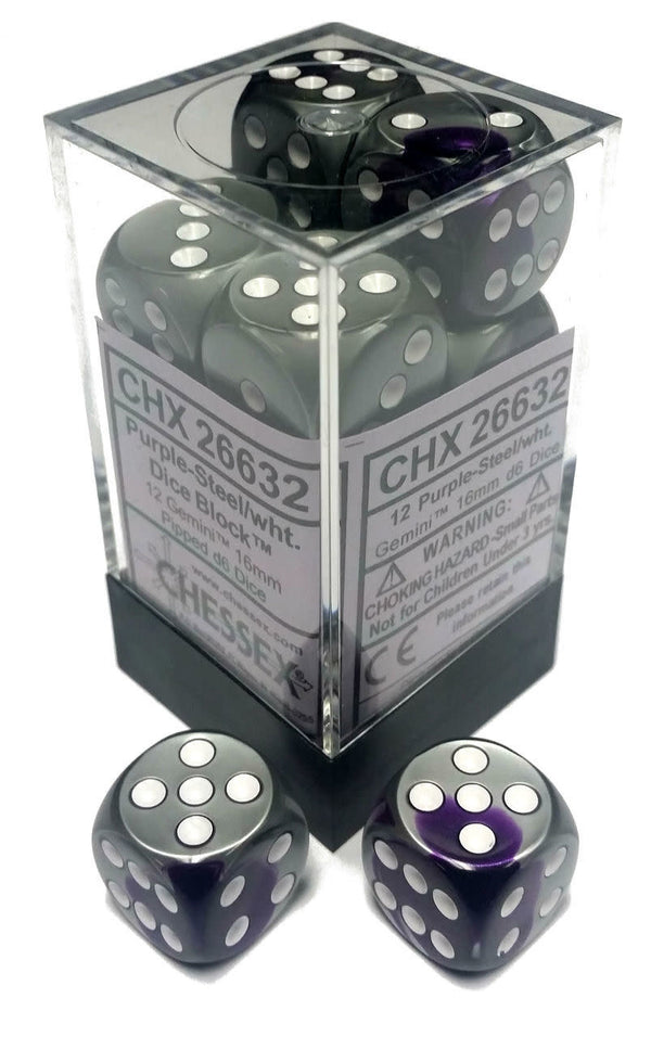 Chessex: Gemini Purple-Steel/White Set of 12 D6 Dice