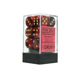 A clear display case with a black base holds dark red and black marbled six-sided dice with gold pips. Its pink label reads “CHX 26633” and “CHESSEX.”