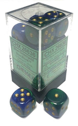 Blue and green marbled six-sided dice with gold pips are shown inside a clear square case and as two loose dice in front. The case label reads “CHX 26636” and “CHESSEX.”