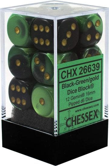 Chessex: Gemini Black-Green/Gold Set of 12 D6 Dice