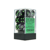 A clear display box with a black base holds black and gray six-sided dice with bright green pips, arranged in rows. The green label reads “CHX 26645” and “Black-Grey w/green Dice Block.”