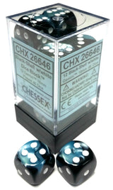 Black and blue-green marbled six-sided dice with white pips are shown in a clear square case with a black base, with two loose dice in front. The label reads “CHX 26646” and “Black-Shell w/white.”