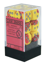 Red-and-yellow marbled six-sided dice with silver-colored pips are stacked inside a clear display box with a black base. The red front label reads “CHX 26650” and includes a choking hazard warning.