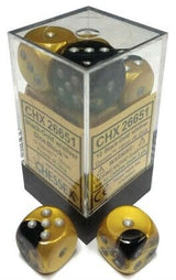 Clear rectangular case of black-and-gold marbled six-sided dice with silver pips, with two matching dice displayed in front. Tan labels on the case read “CHX 26651” and “CHESSEX.”
