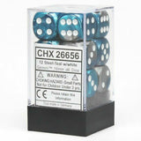 A clear display box with a black base holds teal-and-white six-sided dice, showing white pips on mottled teal faces. The front label reads “CHX 26656” and “12 Steel-Teal w/white.”