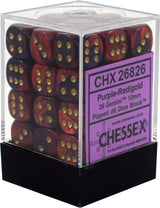 A clear plastic display box holds many rounded-corner six-sided dice marbled in dark purple and red, with gold pips. A purple label on the front reads “CHX 26826,” “Purple-Red/gold,” and “CHESSEX”; the box sits on a black base.