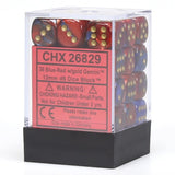 A clear box with a black base holds red-and-blue marbled D6 dice with gold pips, stacked in rows. The red label reads “CHX 26829” and “36 Blue-Red w/gold Gemini.”