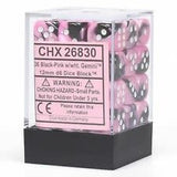 A clear square container with a black base holds pink-and-black six-sided dice with light-colored pips. The front label reads “CHX 26830” and “36 Black-Pink w/ Gemini.”
