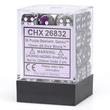A clear plastic case with a black base holds purple, steel-gray and white six-sided dice with white pips. The front label reads “CHX 26832” and “36 Purple-Steel/wht. Gemini™.”