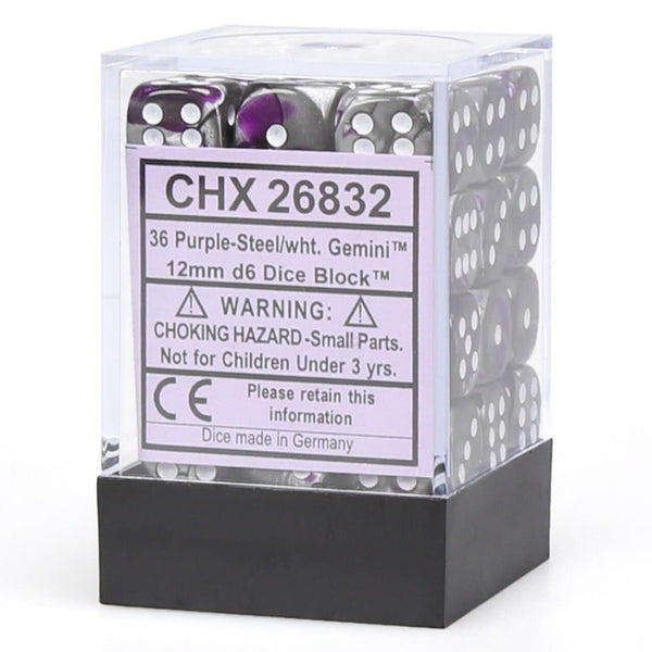 Chessex: Gemini Purple-Steel/White Set of 36 D6 Dice