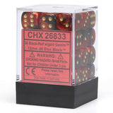A clear cube package on a black base holds red-and-black marbled six-sided dice with gold pips. The red front label reads “CHX 26833” and “36 Black-Red w/gold Gemini™ 12mm d6 Dice Block™.”