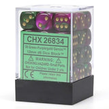 A clear display box with a black base holds rows of green-and-purple marbled D6 dice with gold pips. The green label reads “CHX 26834” and “36 Green-Purple/gold Gemini™ 12mm d6 Dice Block™.”