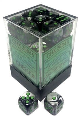 Chessex: Gemini Black-Grey/Green Set of 36 D6 Dice