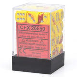 A clear plastic display block holds many yellow and red swirled six-sided dice with silver pips, above a black base. The red front label reads “CHX 26850” and “36 Red-Yellow w/silver Gemini™.”