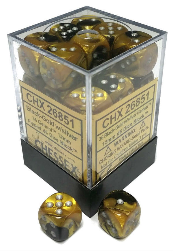 Chessex: Gemini Black-Gold/Silver Set of 36 D6 Dice