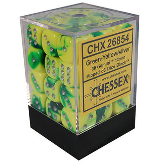 Chessex: Gemini Green-Yellow/Silver Set of 36 D6 Dice