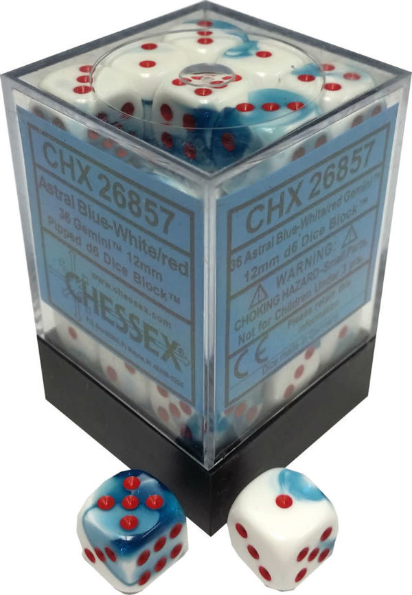Chessex: Gemini Astral Blue-White/Red Set of 36 D6 Dice