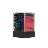 A clear display box with a black base holds dark blue-black six-sided dice with red pips. The red front label reads “CHX 26858,” “Black-Starlight/red” and “CHESSEX.”