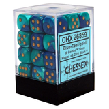 A clear cube container with a black base holds blue-teal marbled six-sided dice with gold pips. Its front label reads “CHX 26859,” “Blue-Teal/gold,” and “CHESSEX.”