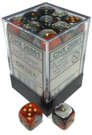 Chessex: Gemini Orange-Steel/Gold Set of 36 D6 Dice