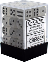 A clear cube with frosted translucent six-sided dice marked with black pips, stacked on a black base. The front label reads “CHX 27801,” “Clear w/black,” and “CHESSEX.”