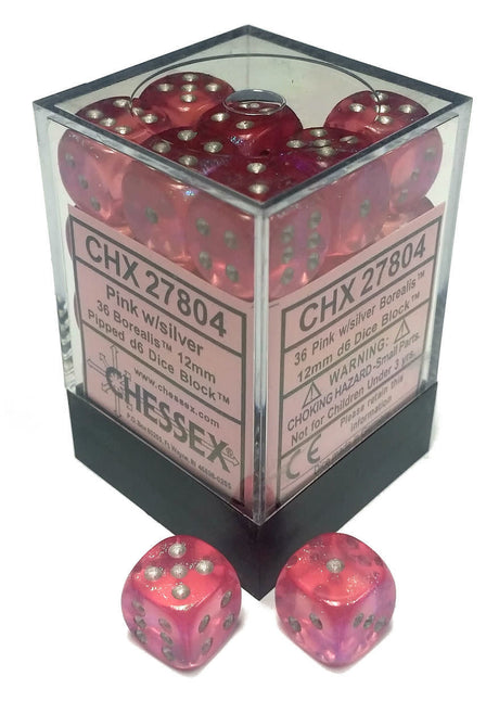 Translucent pink six-sided dice with silver pips fill a clear square display block, with two loose dice in front. The label reads “CHX 27804,” “Pink w/Silver” and “CHESSEX.”