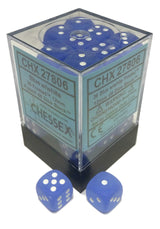 Blue six-sided dice with white pips are shown inside a clear square dispenser and as two loose dice in front. The dispenser label reads “CHX 27806” and “CHESSEX.”
