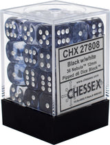 A clear cube package with a black base holds a set of translucent smoky black and blue D6 dice with white pips. The front label reads “CHX 27808” and “Black w/white,” with the Chessex logo below.