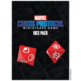 Front of a dark Marvel Crisis Protocol dice pack featuring two bright red dice with white and gold symbols over a dim comic-panel collage. The package reads “MARVEL,” “CRISIS PROTOCOL,” and “DICE PACK.”