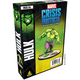 Angled view of a Marvel Crisis Protocol: Hulk miniature game box, with artwork of a muscular green Hulk in torn purple pants on a base against a green and yellow comic-style background. The box reads “MARVEL CRISIS PROTOCOL” and “HULK.”