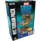 A black rectangular box is shown upright at an angle, with turquoise and blue comic-style graphics and illustrations of city storefronts, cars, streetlights and a dumpster. The front reads “MARVEL CRISIS PROTOCOL” and “NYC TERRAIN PACK.”
