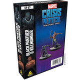 Angled view of a black Marvel Crisis Protocol miniatures game box, with blue and purple graphics and illustrations of Black Panther and Killmonger miniatures on bases. The front reads “MARVEL CRISIS PROTOCOL” and “MINIATURES GAME”; the side reads “BLACK PANTHER & KILLMONGER.”